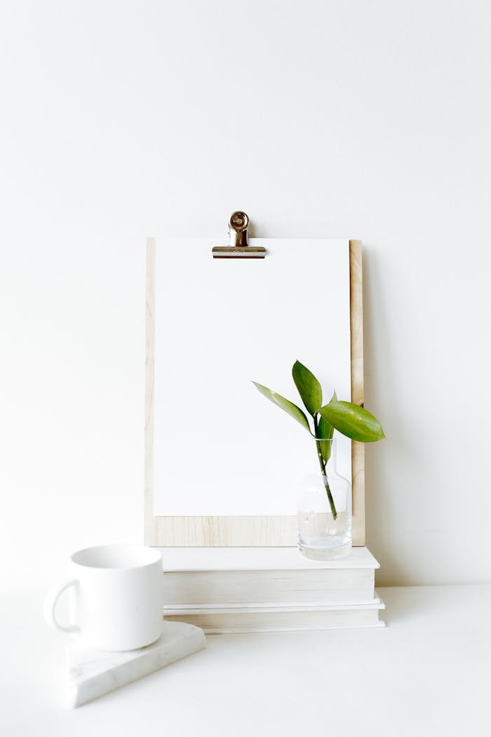 Composition of clipboard with empty sheet placed on stacked books near white mug and green plant leaf